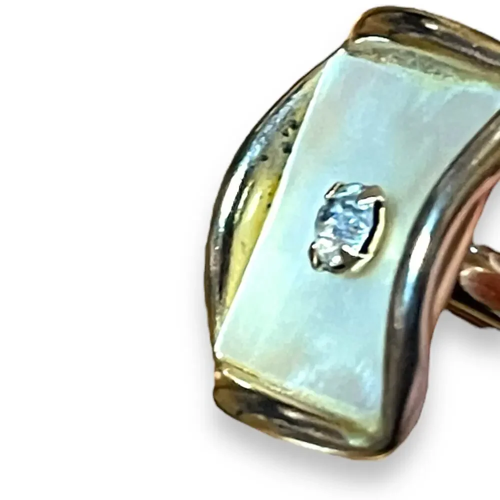 Vintage Cufflinks and Tie Bar Gold Tone Mother of Pearl Rhinestone Wave Edge